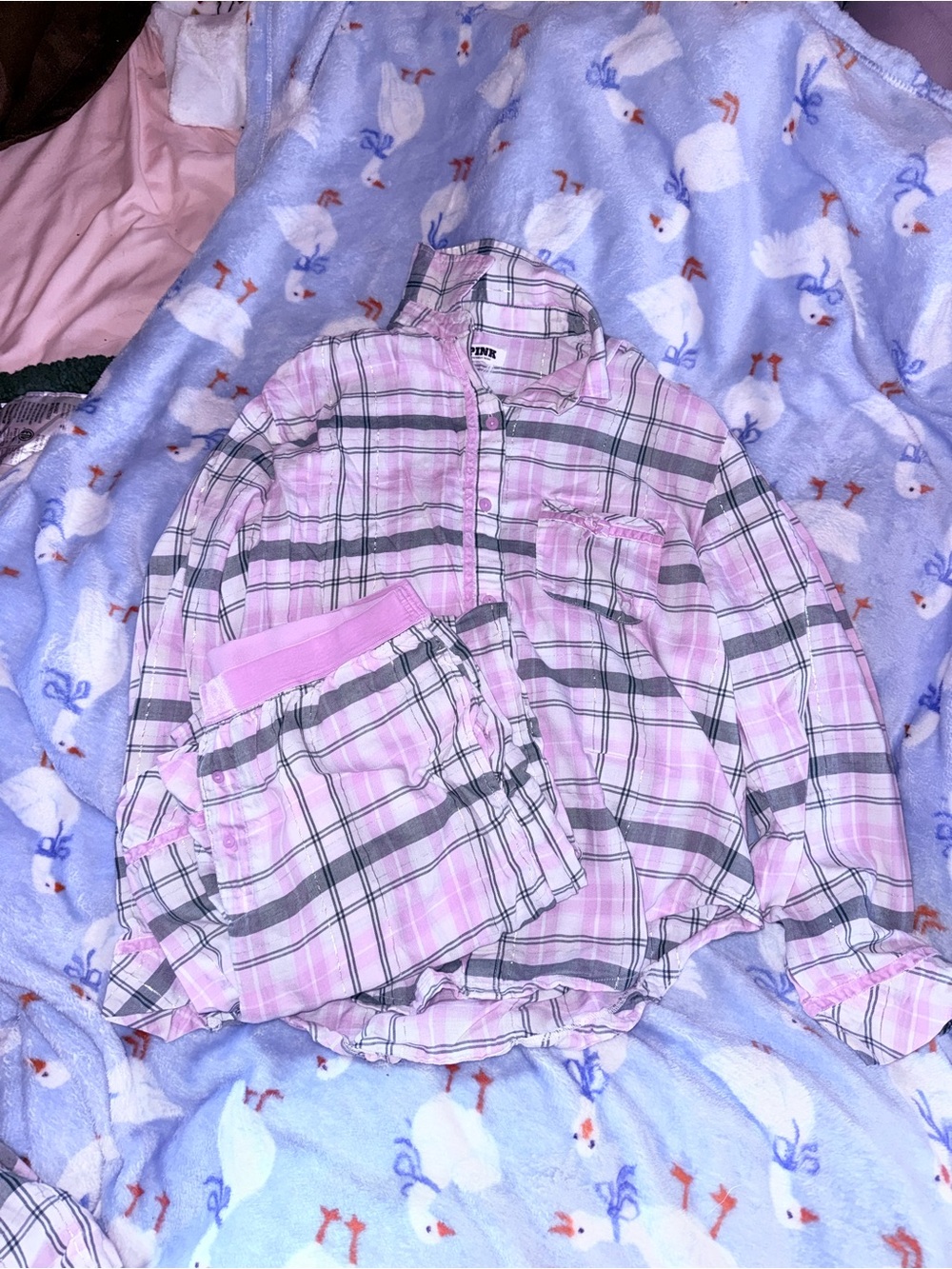 PINK Victoria's Secret Pink & Gray Plaid Button-Down Shirt Set